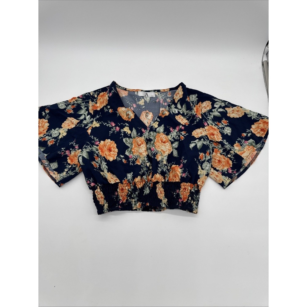 Boho Embroidered Floral  Crop Top V Neck Elastic Waist Flutter Sleeves Navy